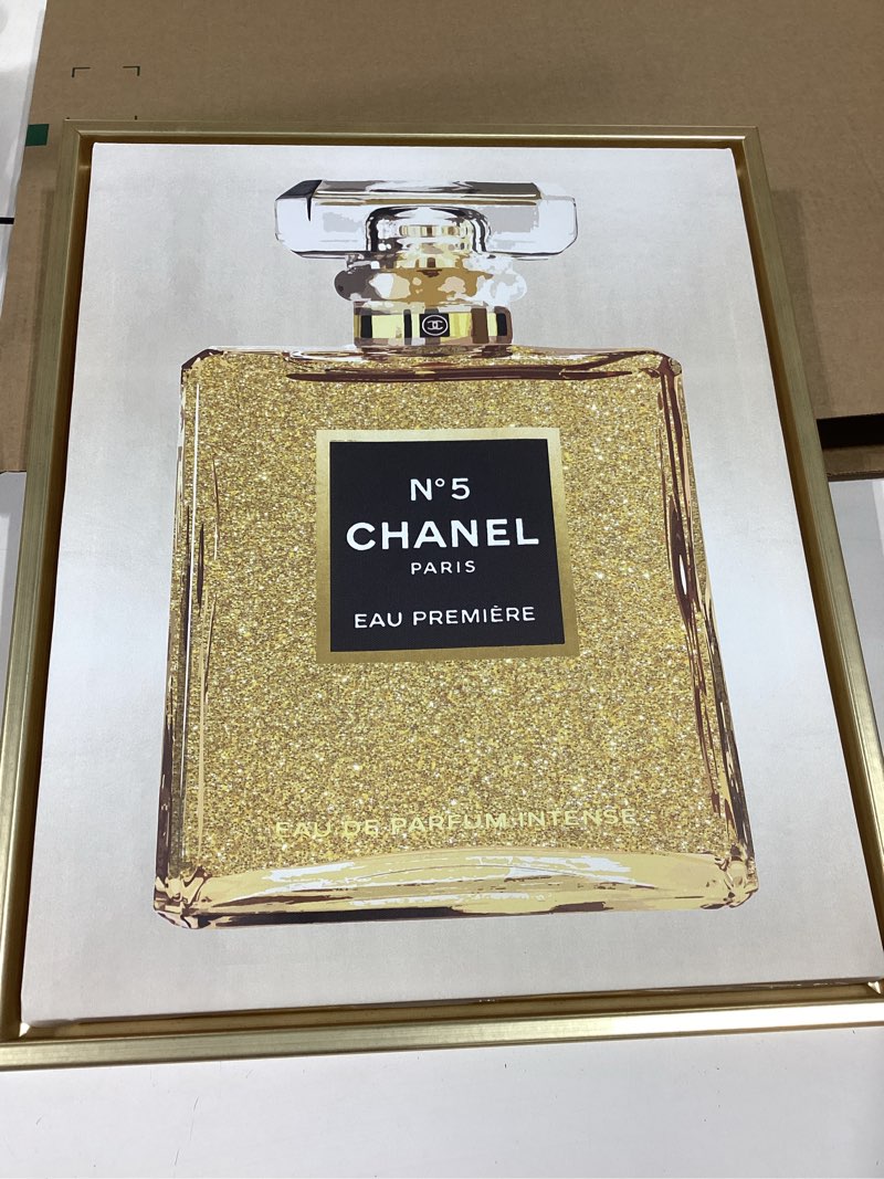 Condition photo showing Good Condition for stupell industries fashion perfume bottle framed floater canvas wall art by madeline blake gold floater framed 20"l x 16"w