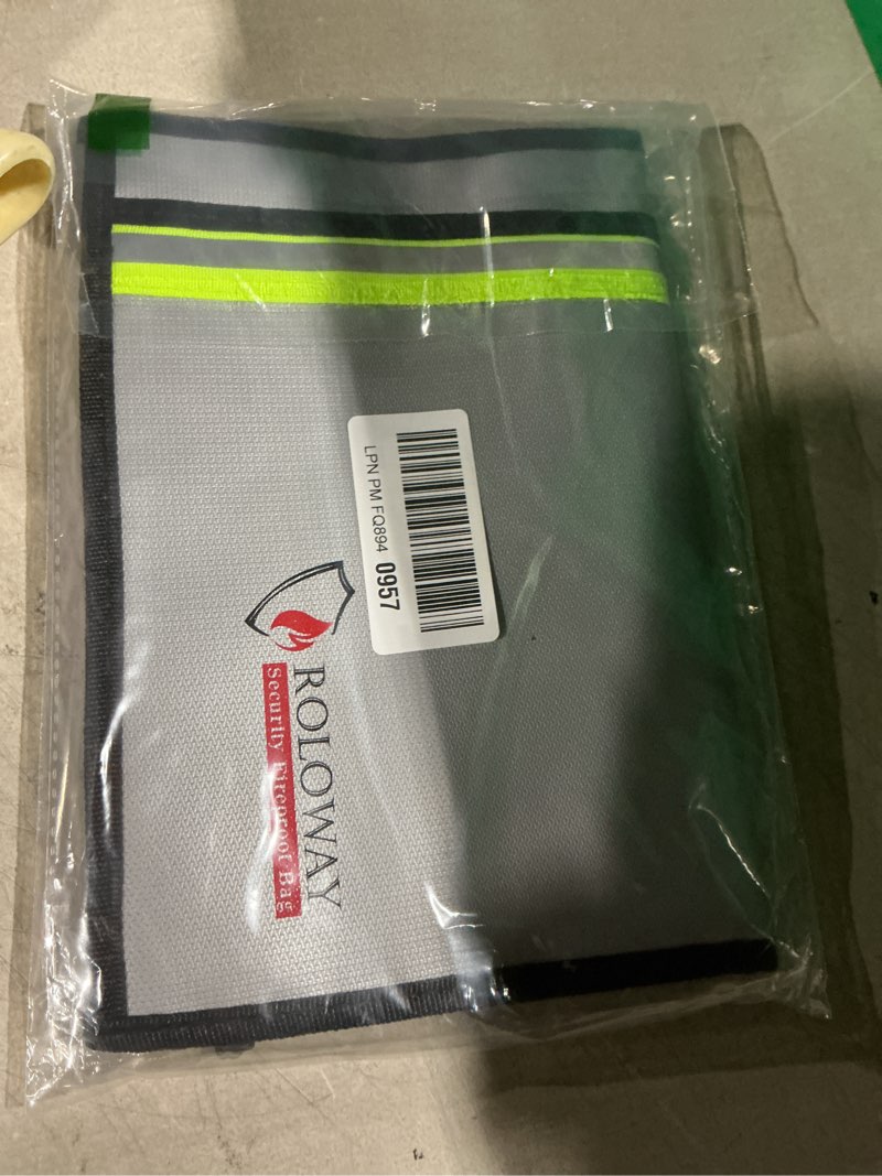 Condition photo showing New/Like New for roloway fireproof document bag (15 x 11 inch) with 2 pockets, fire safe envelope bag for cash, legal documents (silver) 15 x 11 inch silver fireproof bag
