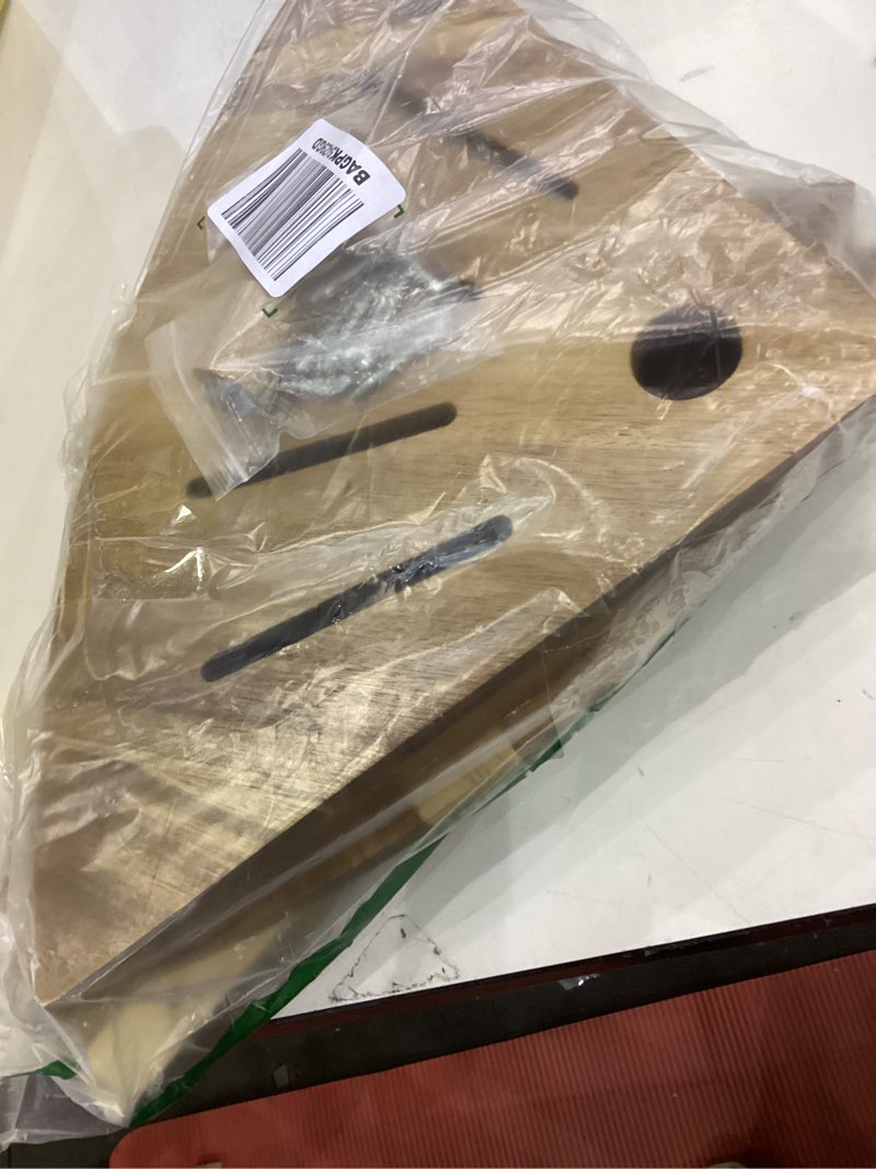 Condition photo showing As Is for Corner Shower Stool 14.5 in,Shower Foot Rest with Storage Shelf, Shower Shaving Stool for Shaving Legs, Shower Foot Stool for Inside Small Shower Spaces- Acacia Wood Small Shower Stool