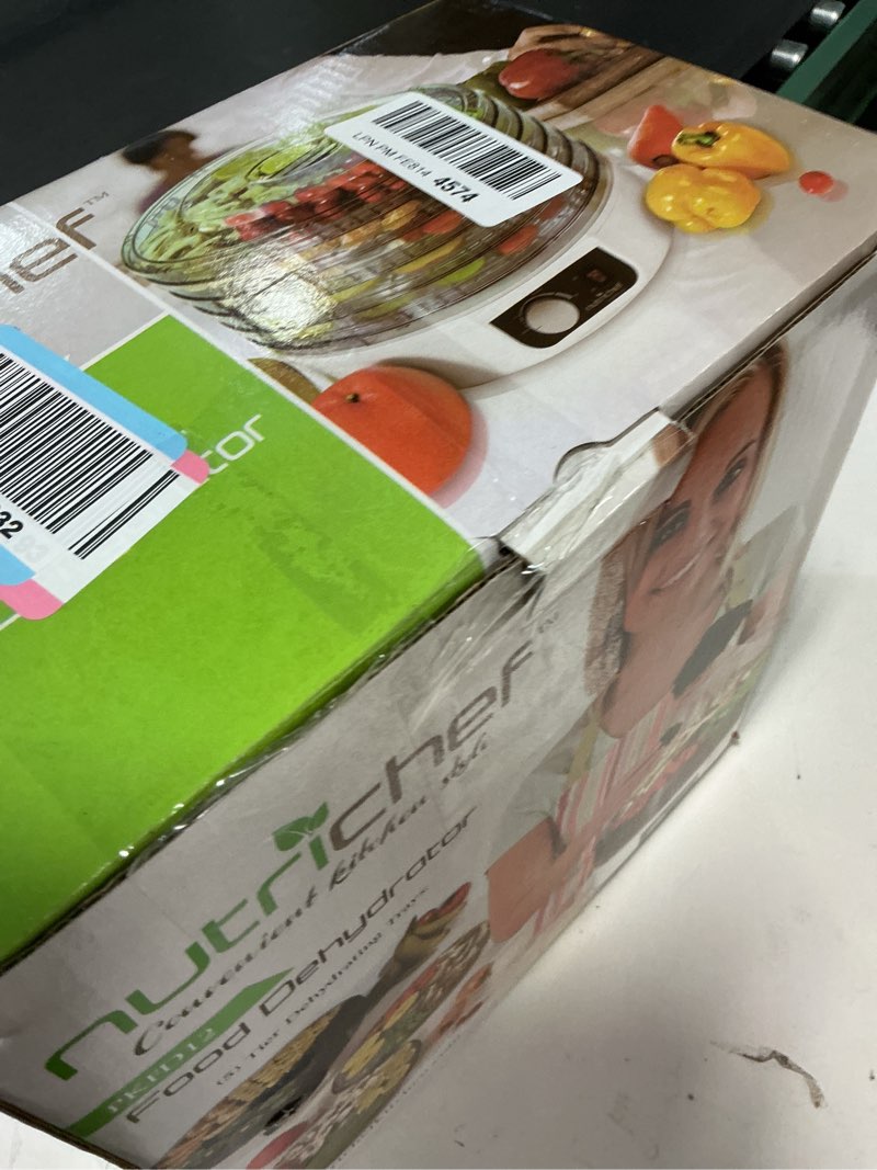 Condition photo showing As Is for NutriChef Food Dehydrator - Dehydrate Beef Jerky, Meat, Mushrooms, Fruits & Vegetables at Home | Utilizes High-Heat Circulation for Even Dehydration | Includes 5 Easy-to-Clean Trays | White