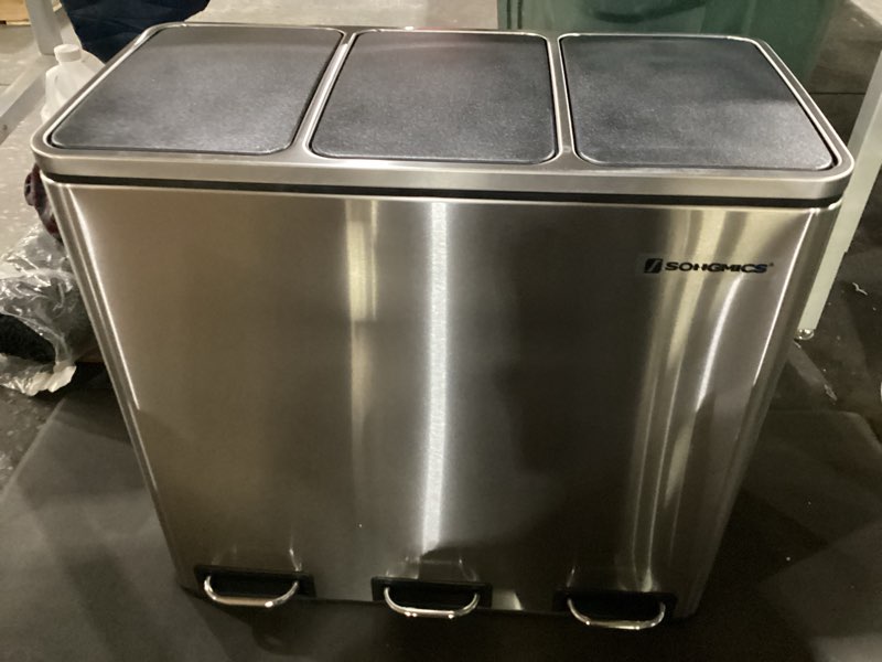 Condition photo showing New/Like New for SONGMICS Trash Can, 3 x 4.8 Gallon Garbage Can, 14.4 Gallon Recycle Bin with Soft-Close Lids, Pedals, and Inner Buckets for Kitchen, Stainless Steel, Silver and Black ULTB54NL