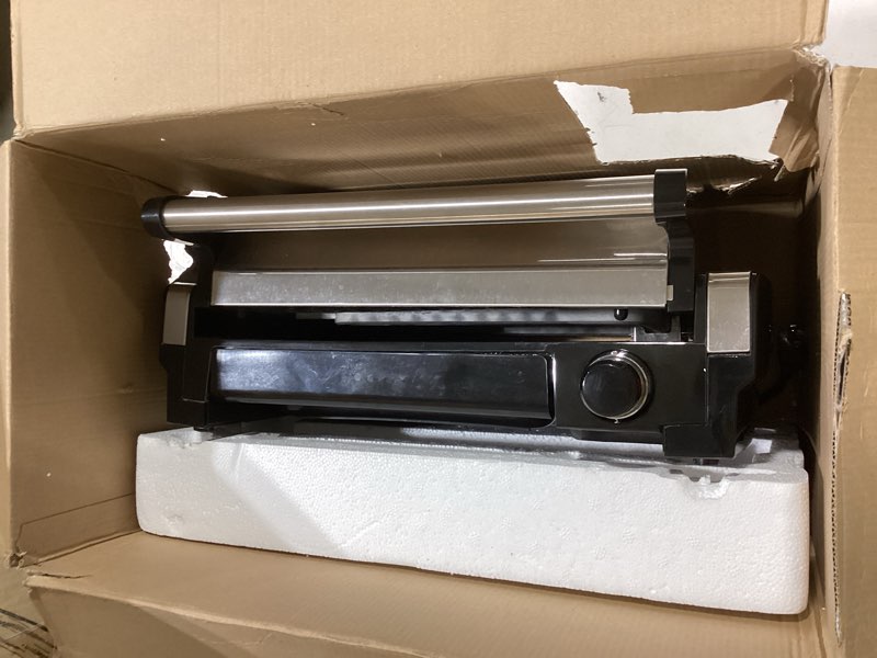 Condition photo showing As Is for Hamilton Beach Electric Indoor Searing Grill with Viewing Window & Adjustable Temperature Control to 450F, 118 sq. in. Surface Serves 6, PFAS-Free Removable Nonstick Grate, Stainless Steel Stainless Steel Viewing Window