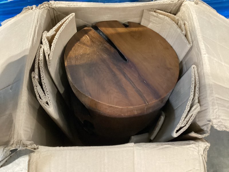 Condition photo showing As Is for deco 79 teak wood handmade live edge stump accent table with charred detailing, 14" x 14" x 18", brown 14" x 14" x 18" brown