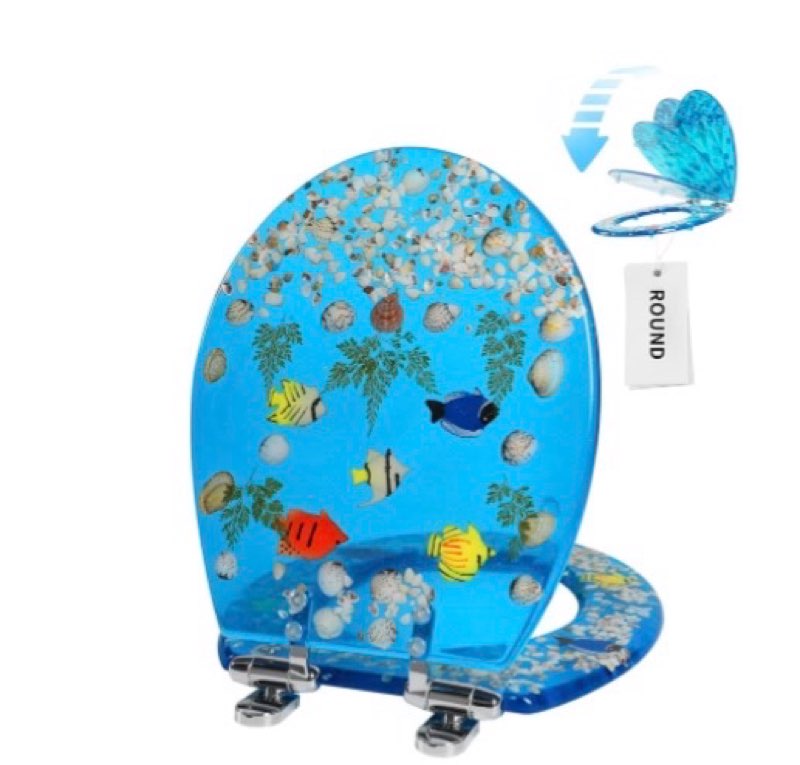 Angol Shiold Resin Toilet Seat Round Soft Close Quick Release 3D Effects Heavy Duty Toilet Seats with Blue Fish Seashells Cover Acrylic Seats Ocean Series (Round 17inch, Blue,Upgraded hinge) Visit the Angol Shiold Store