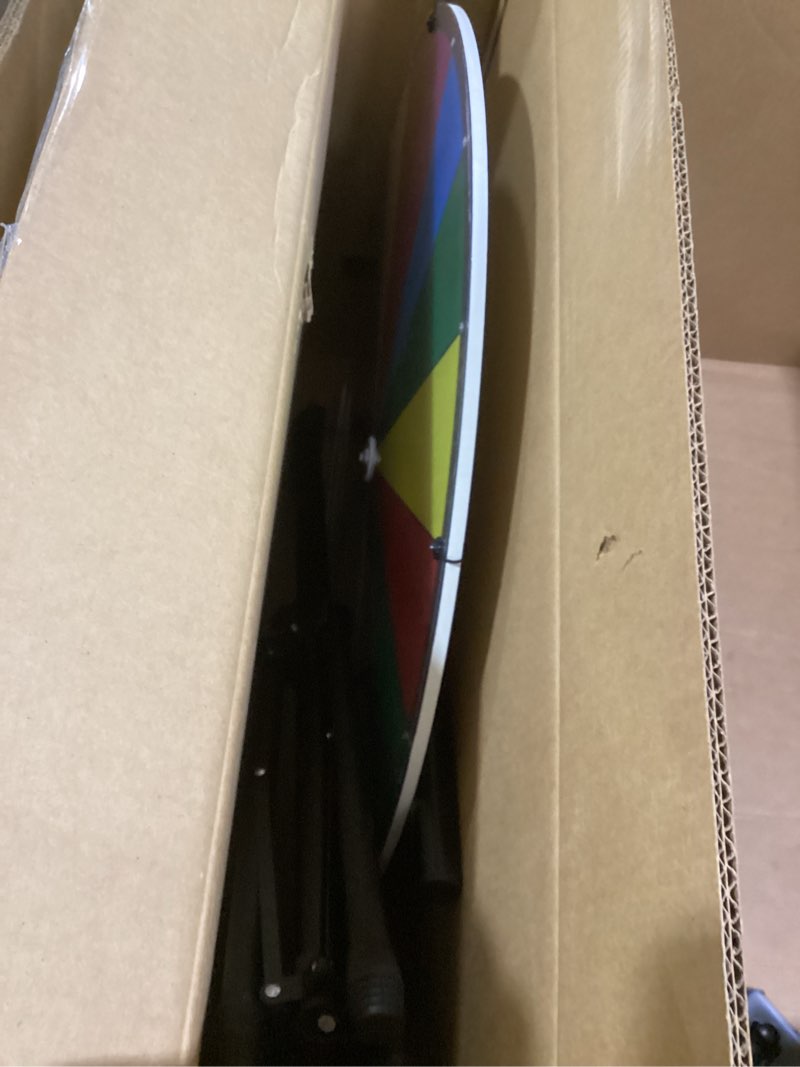 Condition photo showing As Is for 30 Inch Large Size Spin Wheel Heavy Duty Prize Wheel Height Adjustable 55”-67“ Floor Stand Fortune Wheel with Dry Erase Marker & Eraser 18 Slots Spinning Wheel for Game Carnival and Tradeshow