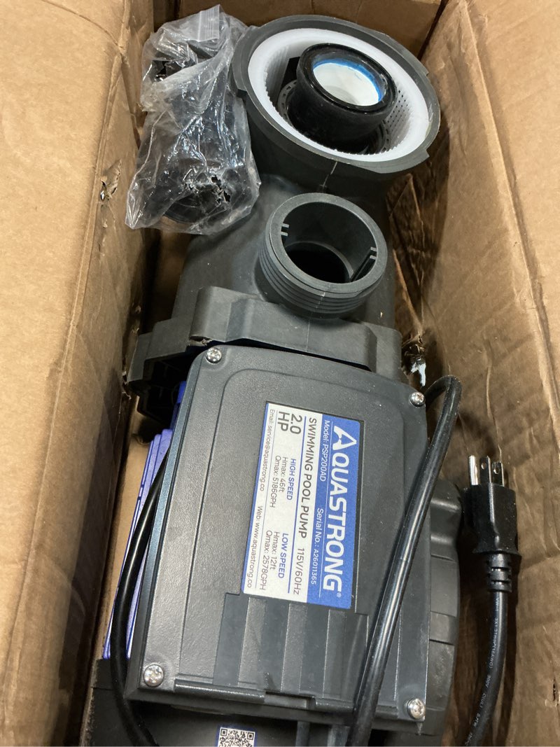 Condition photo showing As Is for aquastrong in/above ground pool pump, high flow (dual speed, 2hp, 5186 gph, 115v) dual speed+115v 2hp
