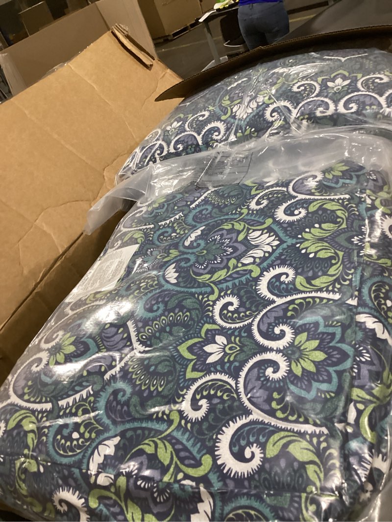 Condition photo showing Good Condition for arden outdoor loveseat cushion set, 48 x 24, water repellent, fade resistant, cushion set for couch, bench, and swing, sapphire aurora blue damask