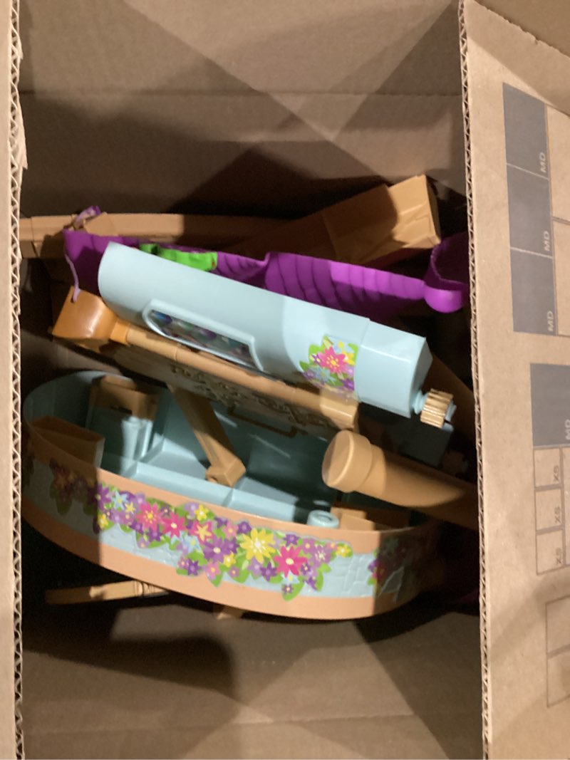 Condition photo showing As Is for Disney Tangled Rapunzel Tower Vanity Playset— Light?Up Musical “I See The Light” Mirror, Pop?Up Lantern, Hair Brush & Clips, Stool (70lb) | Princess Dress?Up Table for Kids 3+