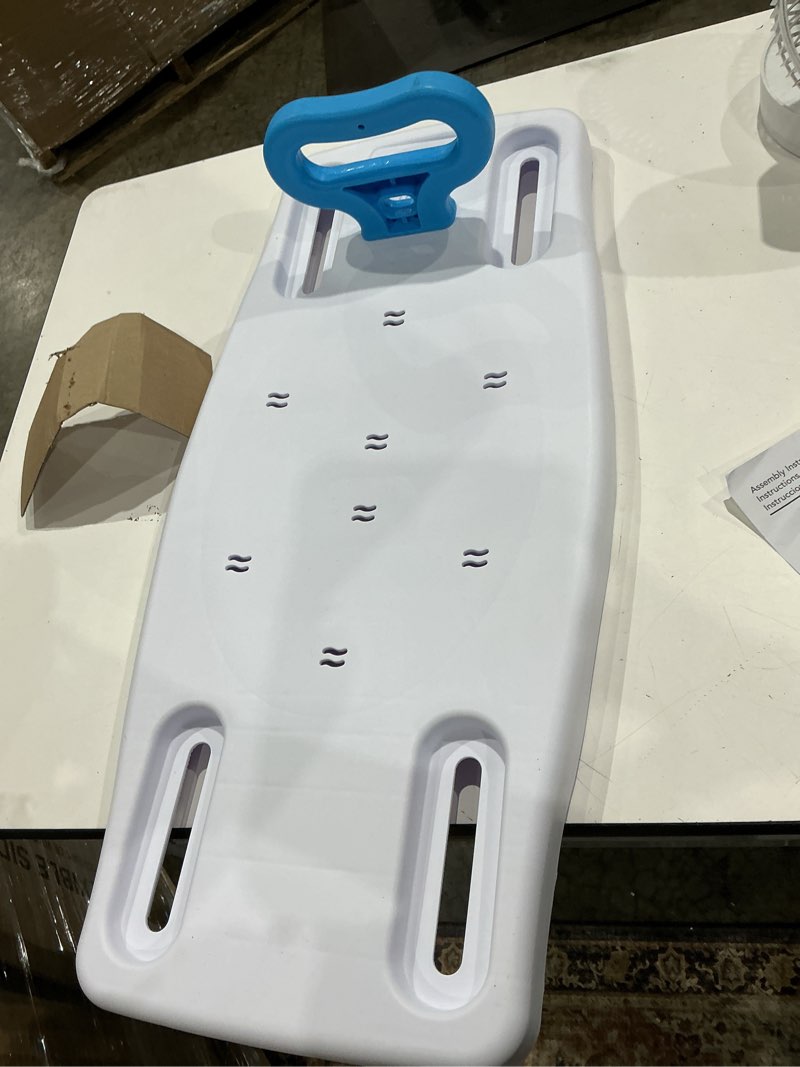 Condition photo showing As Is for carex portable shower bench, shower bath seat, adjustable width to fit most bathtubs, comfortable contoured seating area with 300 lb weight capacity, portable and easy to store