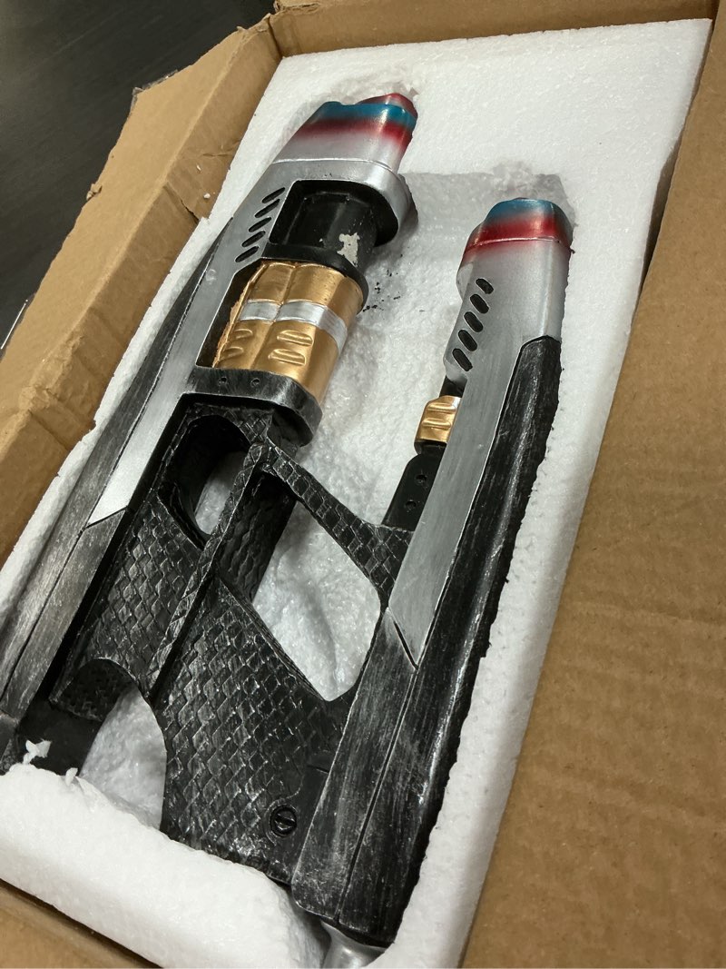 Condition photo showing As Is for star lord blaster resin 1:1 replica toys cosplay the galaxy peter quill cosplay movie props toys for kids adult (2pcs)