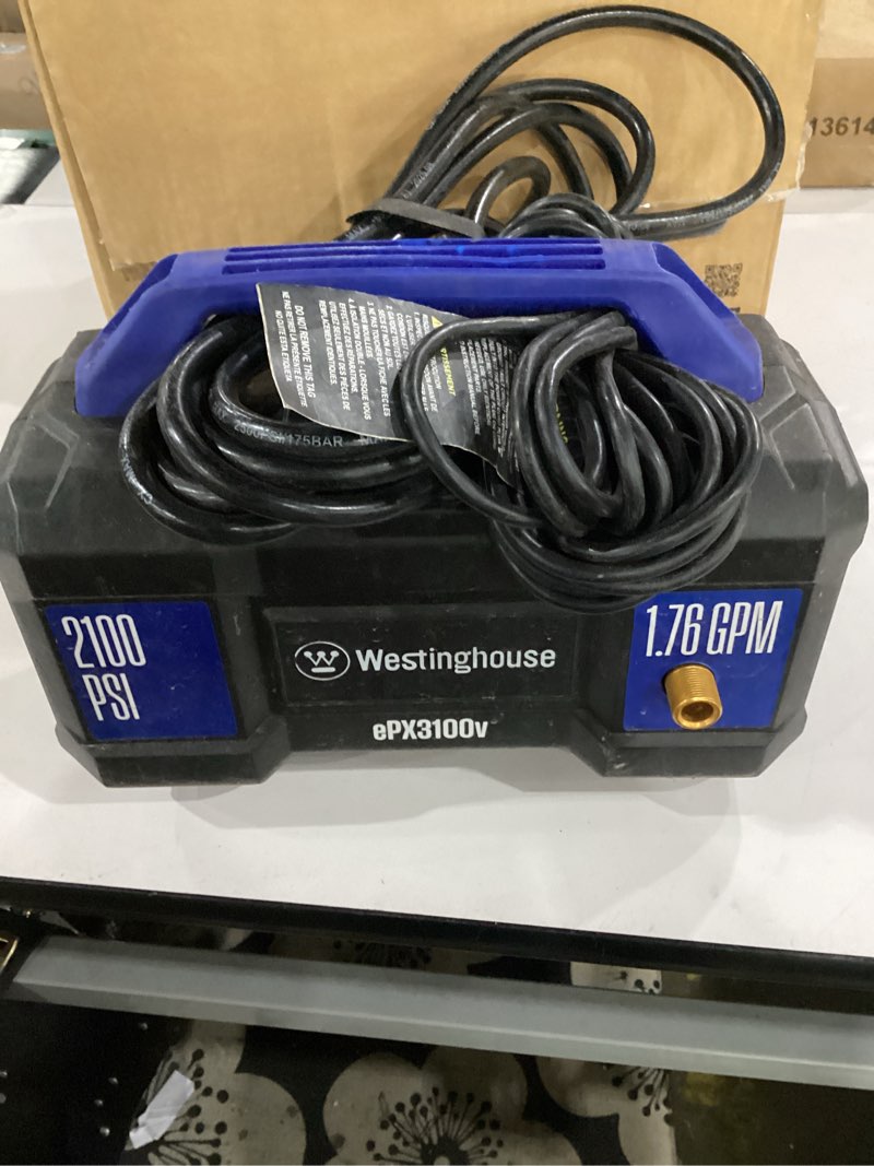 Condition photo showing As Is for not tested**** westinghouse epx3100v electric pressure washer, 2100 max psi 1.76 max gpm, built-in carry handle, detachable foam cannon, pro-style steel wand, 3-nozzle set, for cars/fences/driveways/home/patios 2100 max psi - handheld
