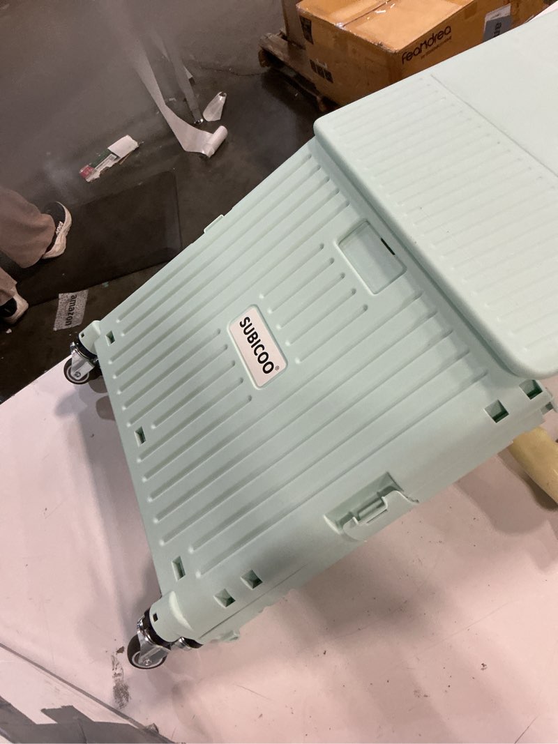 Condition photo showing As Is for folding utility cart portable rolling crate handcart shopping trolley collapsible tool box, with lid, on rotate wheels, for grocery, shopping, office, teacher, camp,file (green)