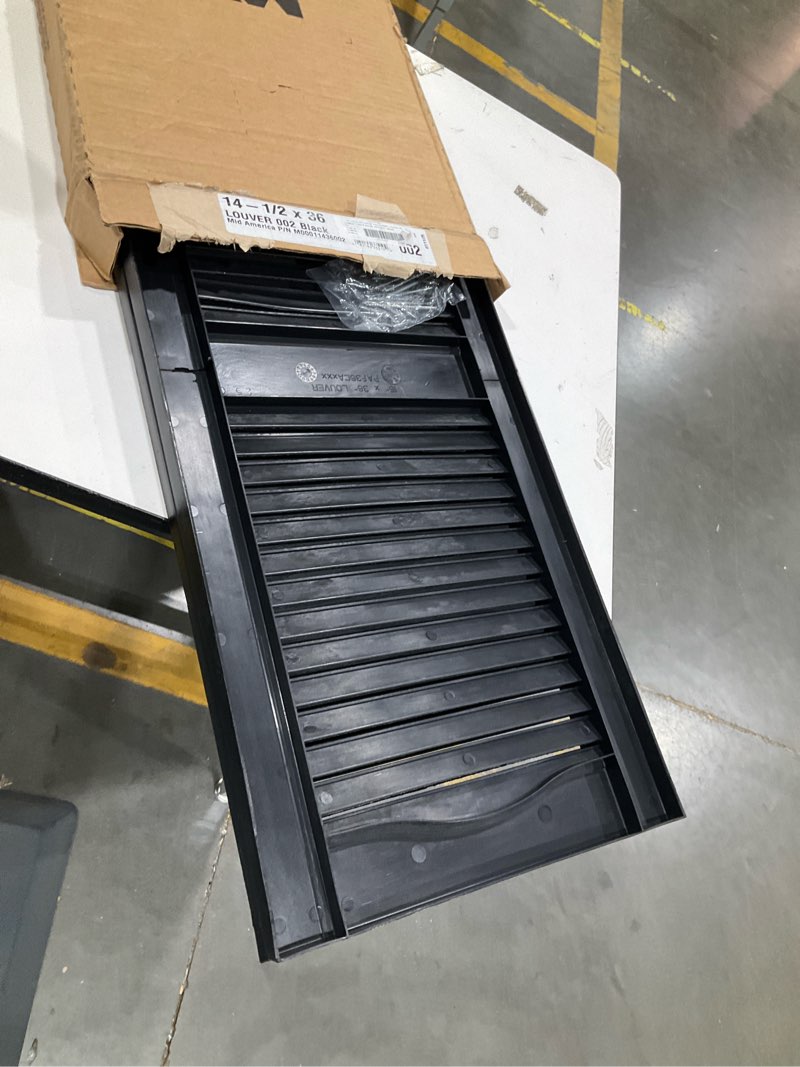 Condition photo showing Good Condition for ekena millwork 12 in. w x 43 in. h builders edge, standard cathedral top center mullion, open louver shutters, includes matching installation spikes (per pair), 002 - black
