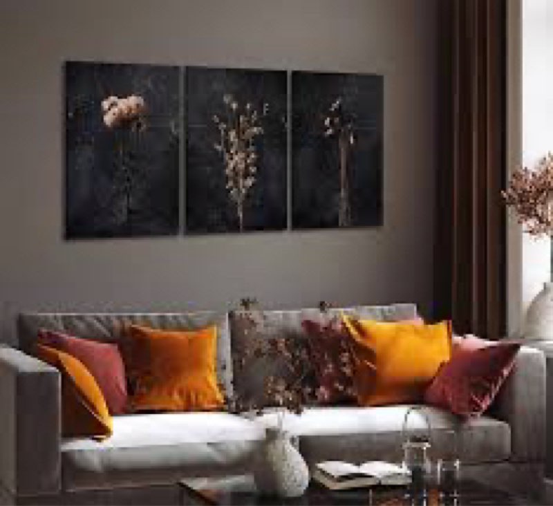 WALLZK Vintage Framed Wall Art Moody Botanical Wall Decor Dark Dried Flower Minimalist Canvas Prints