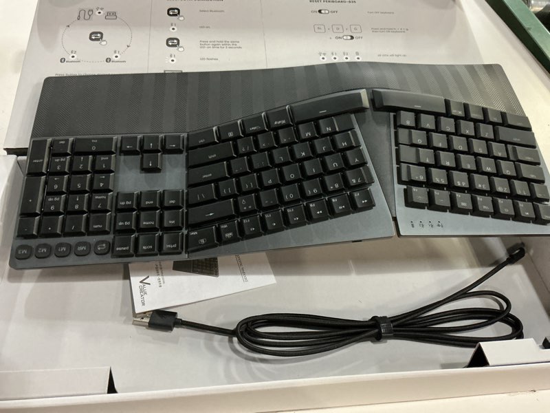 Condition photo showing New/Like New for perixx periboard-835br wireless ergonomic mechanical keyboard - rgb backlit - low-profile brown tactile switches - multi-device connection - compatible with windows and mac os x - us english wireless backlit tactile