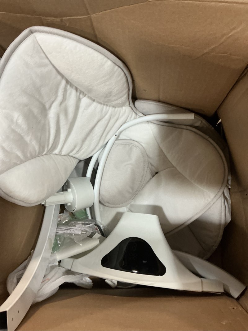 Condition photo showing As Is for baby swings, infant swing with remote control, 5 speed adjustable, machine washable seat pad, 5 point harness, bluetooth connection, electric baby swing for indoor use (gray) gray baby swing