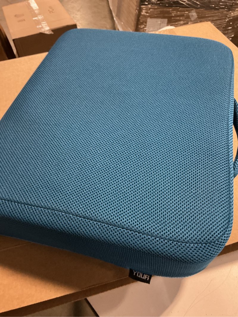 Condition photo showing As Is for youfi thick memory foam & gel seat cushion, 18"x16"x4" large chair cushion for wheelchair mobility scooters, with non-slip bottom and carry handle (blue)