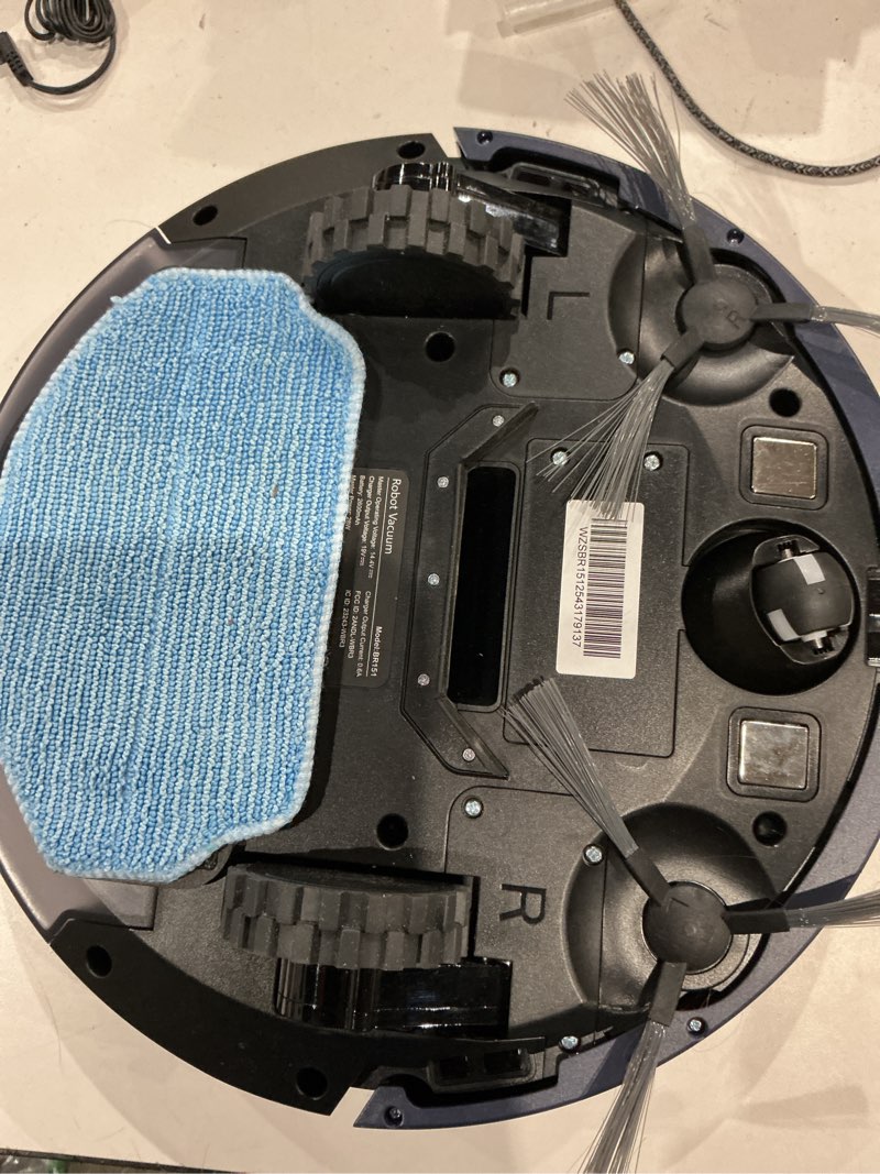 Condition photo showing As Is for robot vacuum and mop combo, 2 in 1 robot vacuum cleaner with wifi/app, smart robotic vacuums with strong suction, schedule, self-charging, slim, quiet, ideal for hard floor, pet hair, low pile carpet black