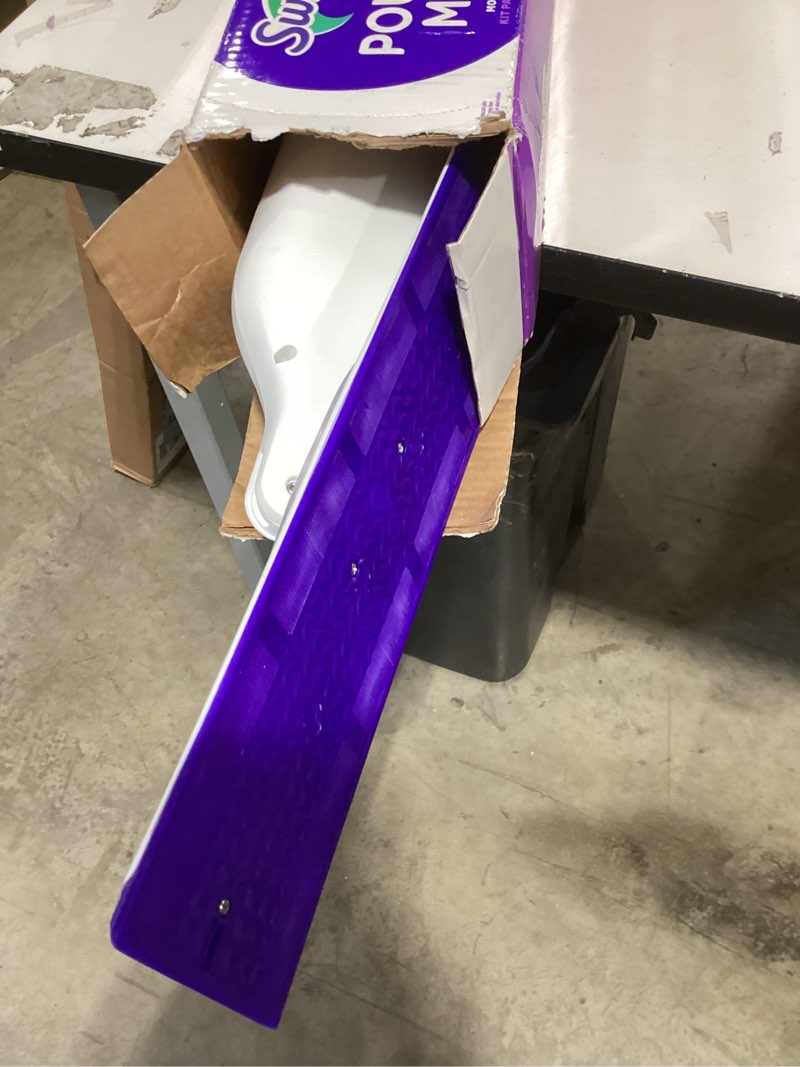 Condition photo showing As Is for swiffer powermop multi-surface mop kit for floor cleaning, includes powermop, 2 mopping pad refills, 1 cleaning solution with fresh scent and 2 batteries purple and white