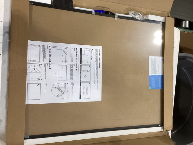 Condition photo showing As Is for arcobis dry erase calendar with cork board for wall, 24"x 18" magnetic calendar whiteboard with black frame, monthly combination board for school, home, office black 24" x 18" with cork