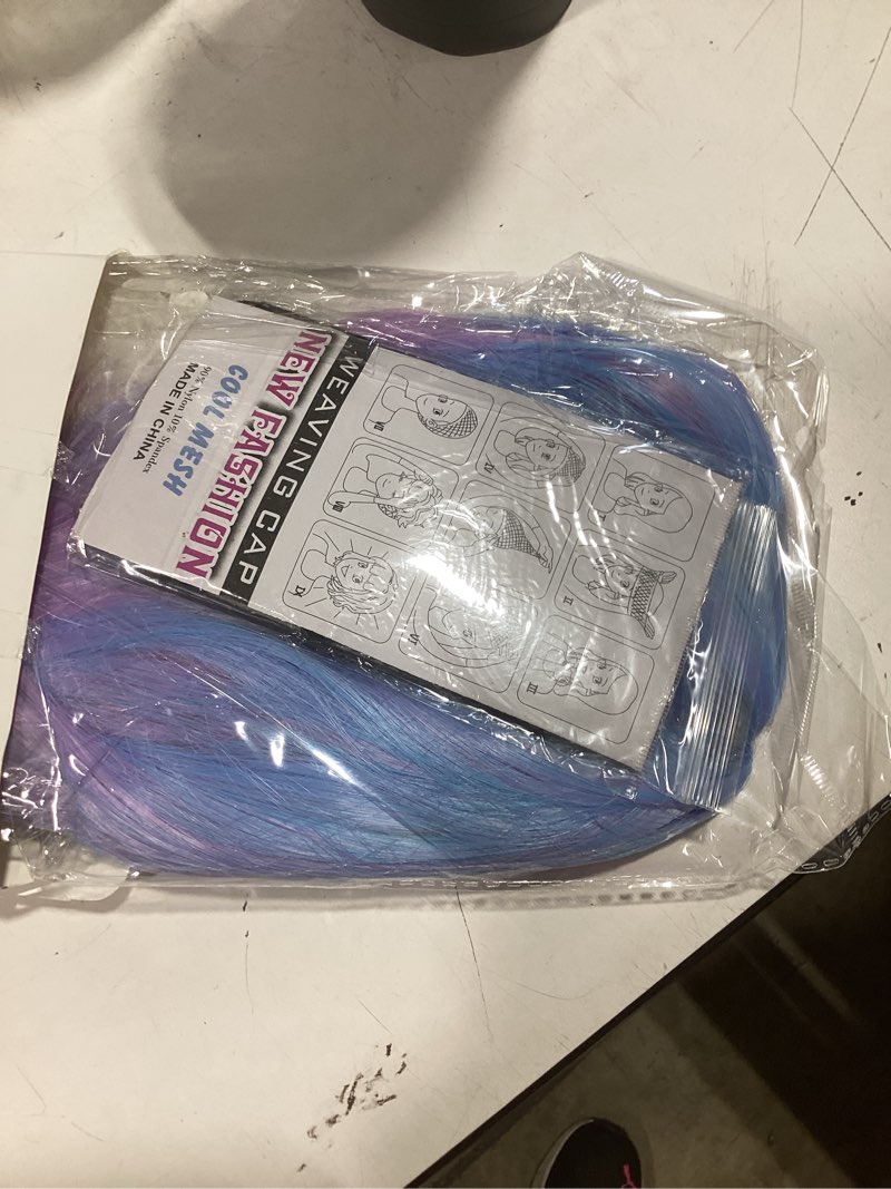 Condition photo showing Good Condition for plulon blue purple ombre bob wig with bangs, colorful short funny bob wigs with heart sunglasses hair cap cosplay hairpieces for halloween costume party heat temperature synthetic fiber for women men blue-purple