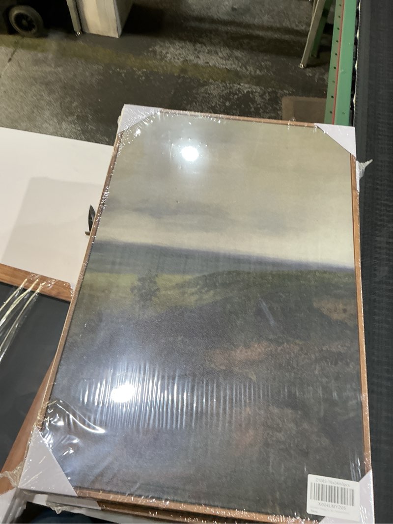 Condition photo showing New/Like New for SHENIFY Extra Large Vintage Framed Wall Art White Clouds Over Vast Grassland Landscape Painting Retro Meadow Scenery Farmhouse Bedroom Above of Bed Living Room Deco - 16x24in3pcs Natural Framedr Clouds Over Vast Grassland 24L" x 16W" x 3PCS Natural