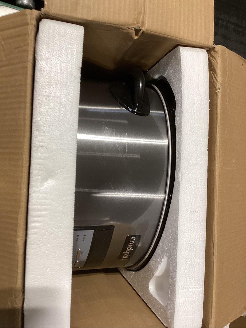 Condition photo showing As Is for Crock-Pot Large 8-Quart Programmable Slow Cooker with Auto Warm Setting Black Stainless Steel Black 8 Quarts