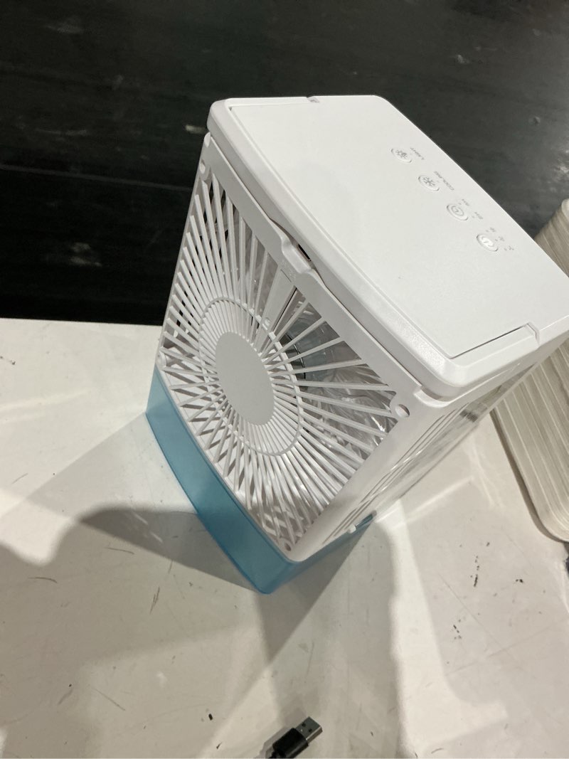 Condition photo showing Good Condition for portable air conditioners, 3 speeds 2 mist modes portable ac unit with 900ml water tank,7-color lights evaporative cooler blow cold air, mini car cooling fan for bedroom rv desk office indoor mini fan