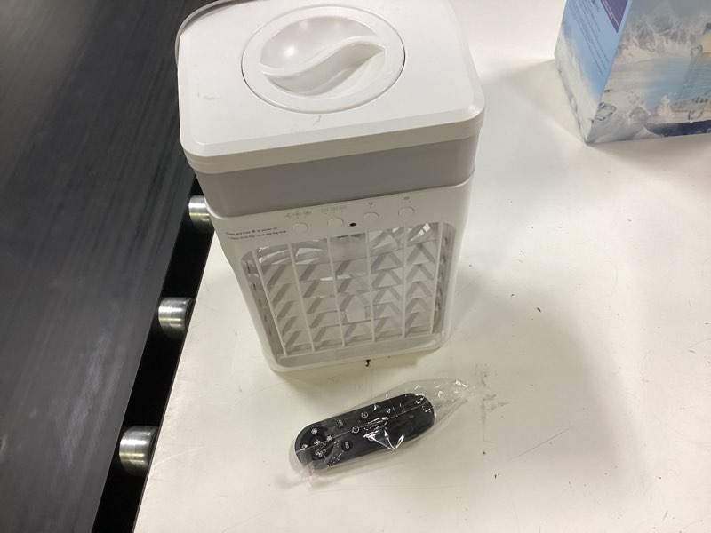 Condition photo showing As Is for portable air conditioner, cooling fan 3 speeds & 3 modes personal cooling fan mini air conditioner fan with remote, 1500ml water tank, night light, for home office bedroom