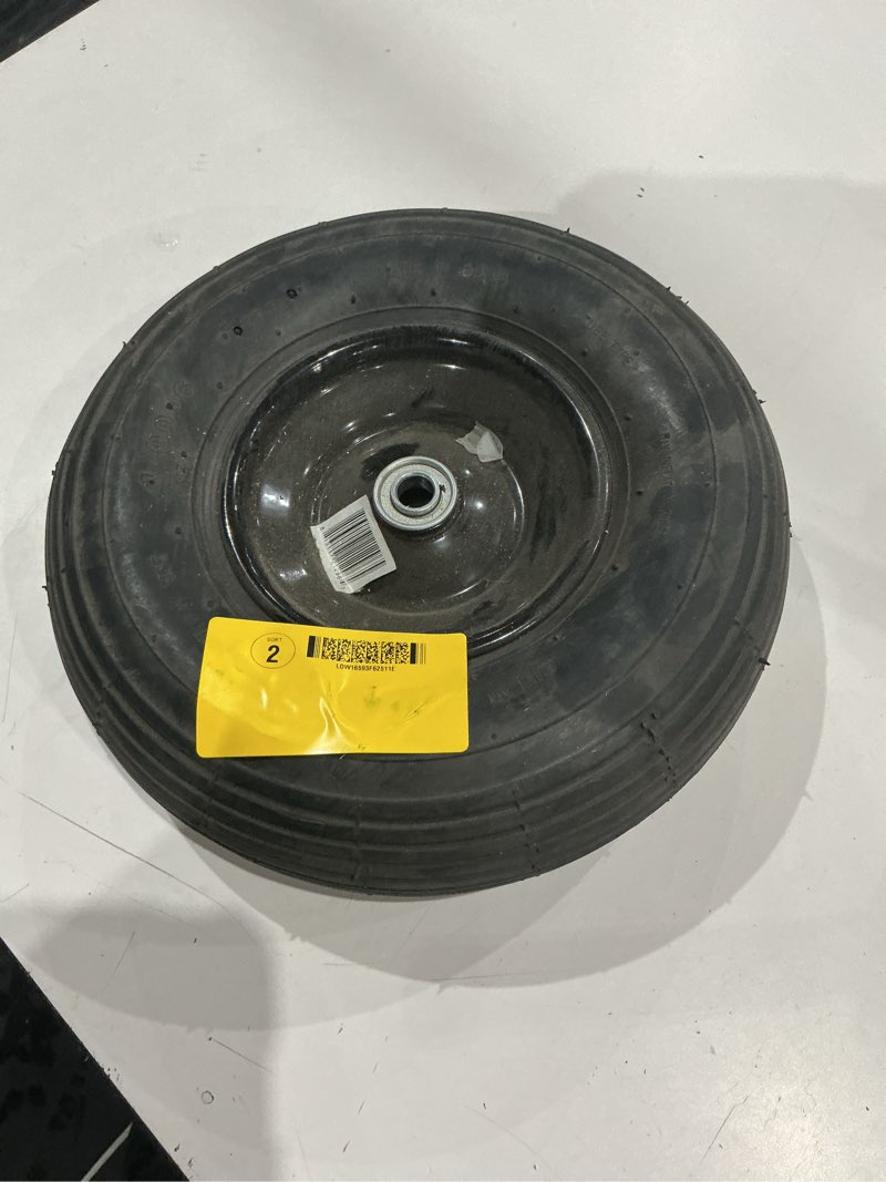 Condition photo showing As Is for marathon easy fit sealant filled, pneumatic (air-filled) 4-6 tire and wheel assembly, wheelbarrow/cart use, ribbed tread