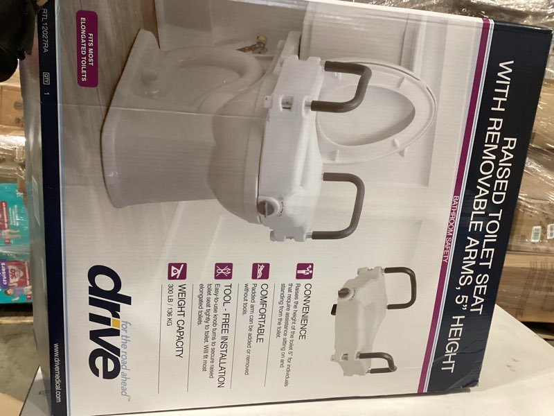 Condition photo showing Good Condition for drive medical 2-in-1 raised toilet seat with removable padded arms - elevated bathroom safety support - secure locking attachment - easy height assistance - durable plastic construction standard