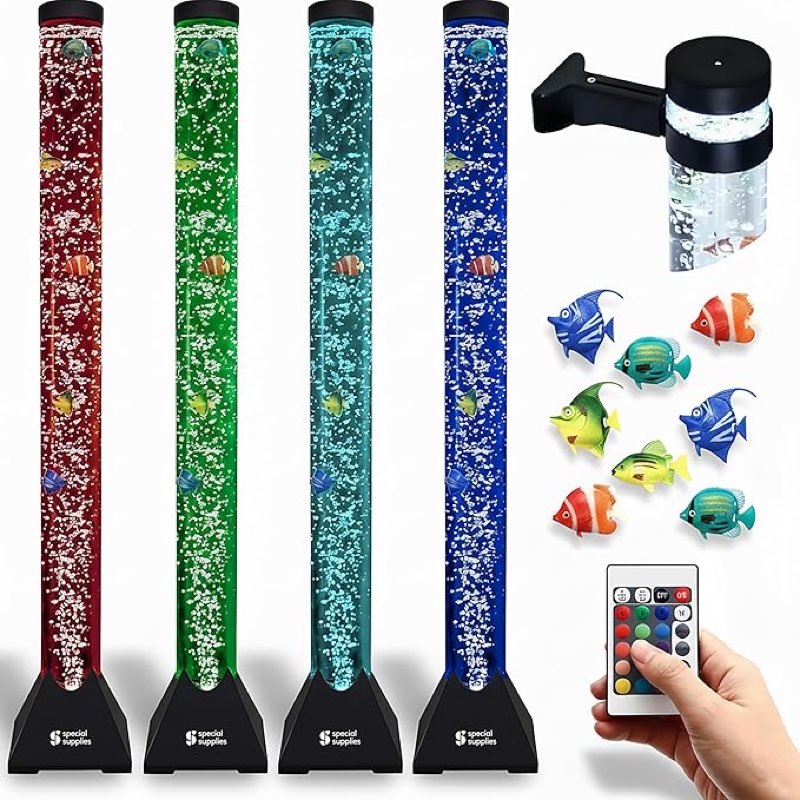 special supplies aquarium sensory fish bubble light tube with 16 led color changing nightlight effect, remote control, and 8 fishes, colorful floor standing lamp for kids and adults (4 feet) (style 1)