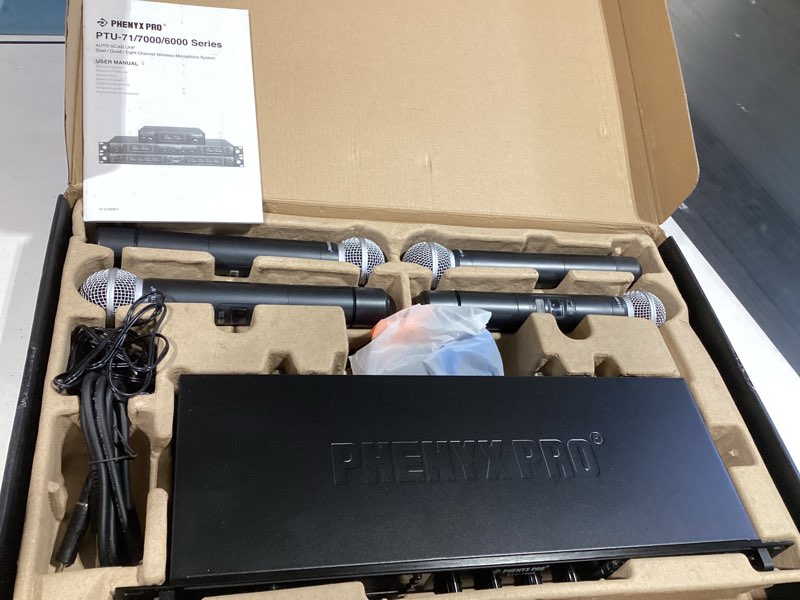 Condition photo showing New/Like New for phenyx pro wireless microphone system, quad channel wireless mic, w/ 4x40 uhf frequencies, auto scan, 328ft long range, 4 handheld dynamic microphone for singing, church, karaoke (ptu-7000-4h)