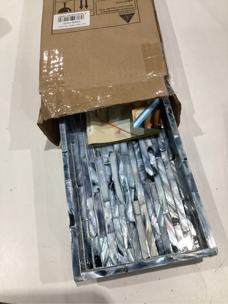Condition photo showing Good Condition for pemar set of 2 mother of pearl bathroom tray for counter, 11"" wooden vanity tray for perfume makeup kitchen sink countertop organizer, toilet tank tray, valet tray (white tiles), pm23-pm14