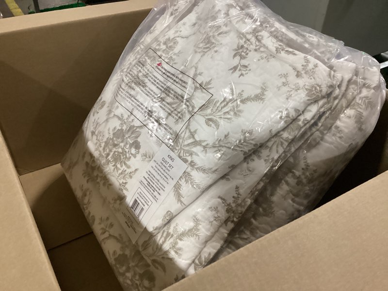 Condition photo showing Good Condition for laura ashley - king quilt set, reversible cotton bedding with matching shams, home decor for all seasons (bedford mocha, king) king bedford brown/white