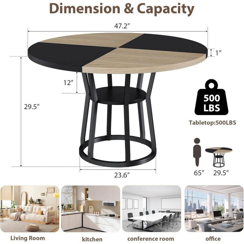 round dining table for 4-6, 47.2" farmhouse kitchen table with storage, circle dinner tables for kitchen, dining room, living room natural black