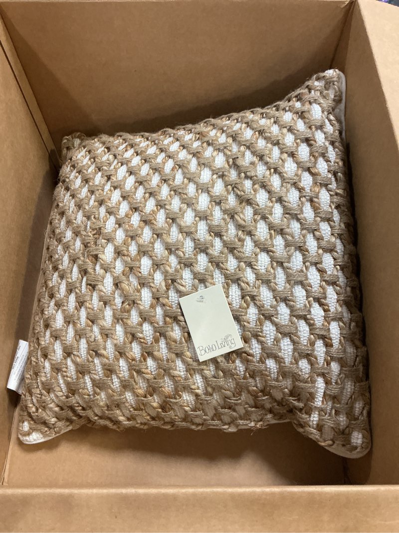 Condition photo showing New/Like New for boho living jada decorative throw, includes accent, premium woven design, living room décor, (1) 20" x 20" pillow cover with insert, white white (1) 20" x 20" pillow cover with insert