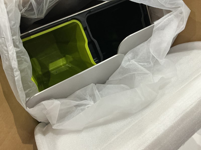 Condition photo showing Good Condition for eko edison dual trash can for recycling and trash, 8+8 gallons kitchen garbage can with dual removable inner liners, independent lids and pedals, matte stainless steel 30l + 30l (premium ss lid)