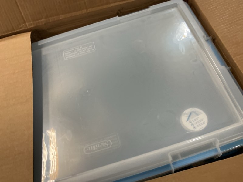 Condition photo showing Good Condition for sterilite 120 qt wheeled gasket box, stackable storage bin with latching lid, handle and tight seal, plastic container with clear base and lid, 3-pack