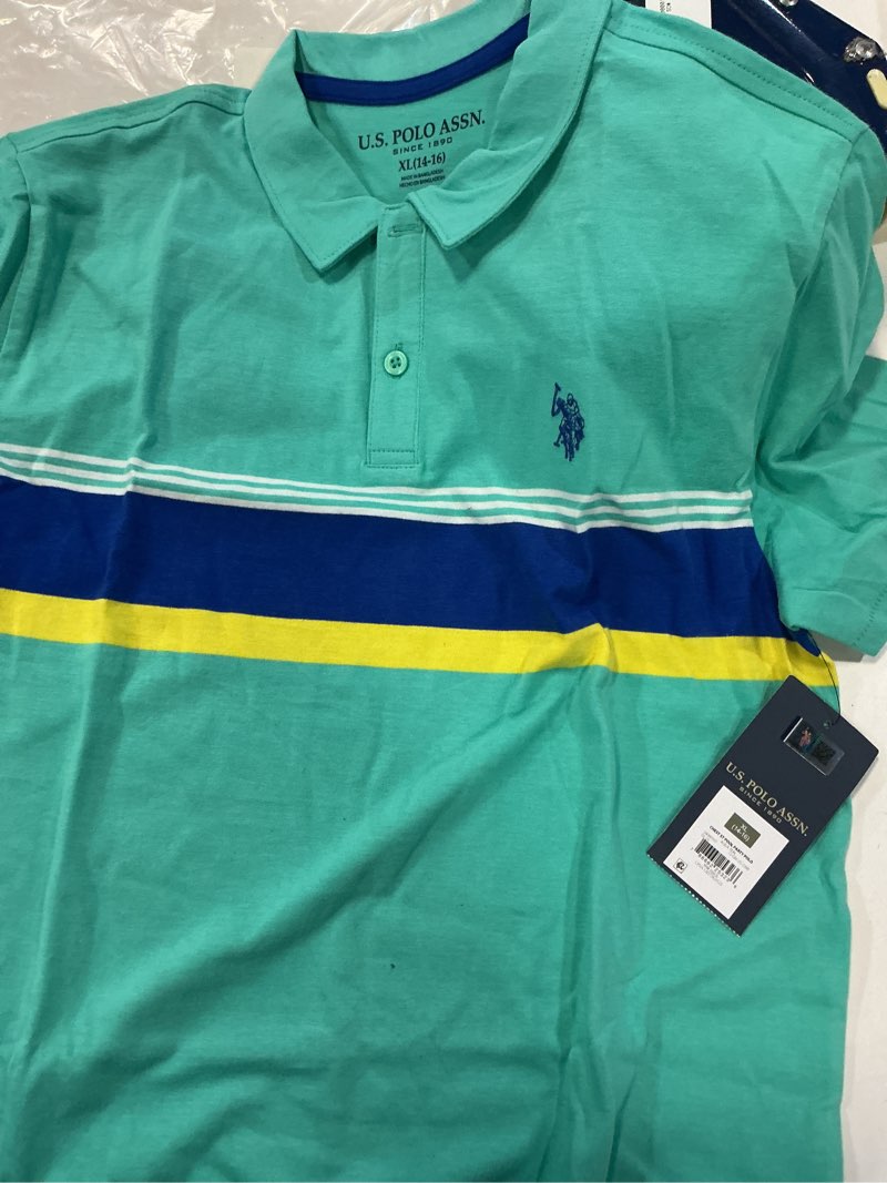 Condition photo showing New/Like New for striped polo shirt. size 14-16