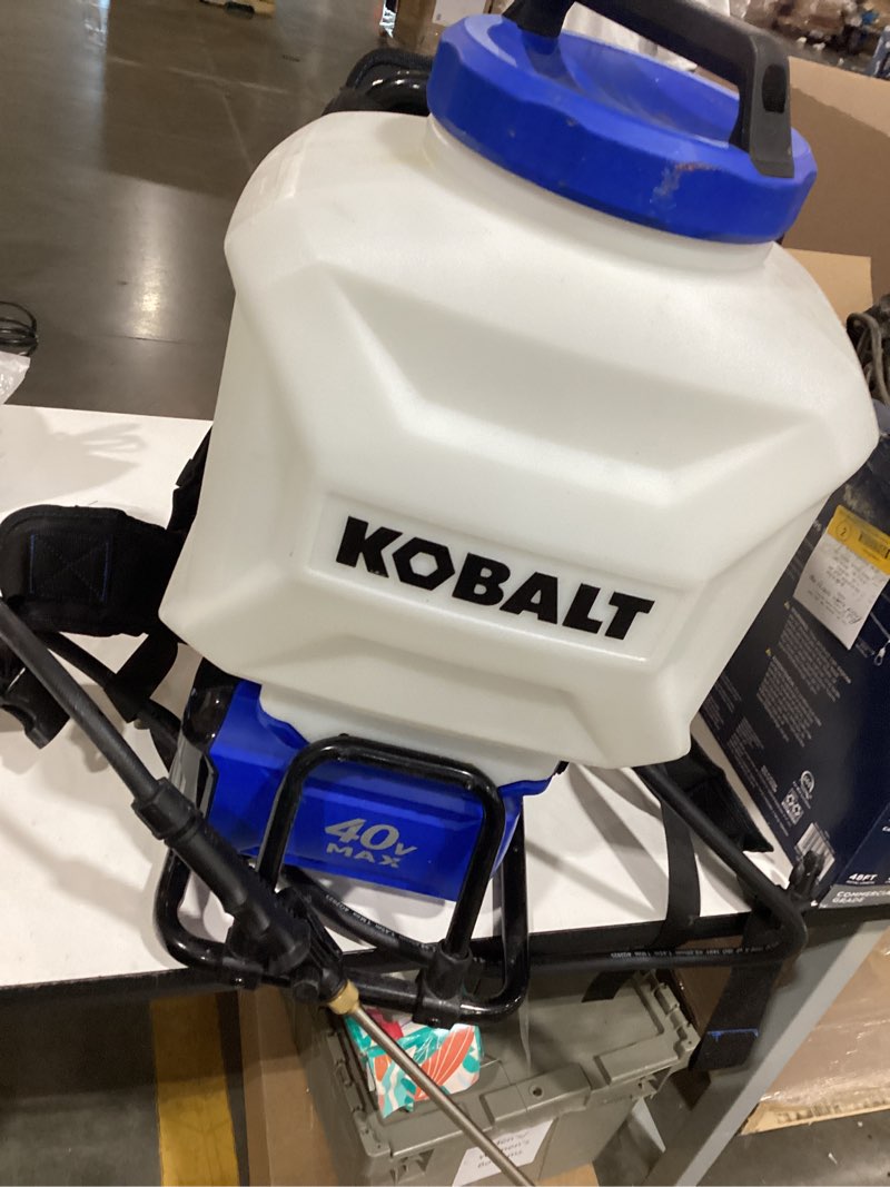 Condition photo showing As Is for kobalt 4-gallon 40-volt battery operated plastic backpack sprayer with adjustable spray pattern no battery and charger included 