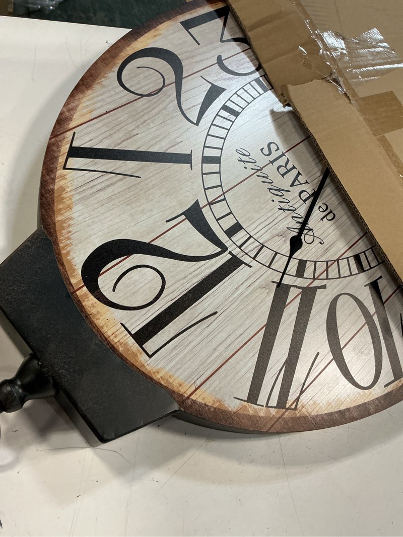 Condition photo showing Good Condition for 12 photo collage rustic wood farmhouse wall clock, large family picture wall clock for living room, home, kitchen, silent battery powered 24 inch natural