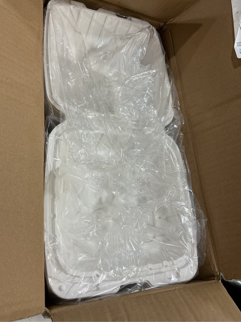 Condition photo showing New/Like New for 8x8" 3compartment 50-pack plastic clamshell take out food containers, heavy duty to-go disposable lunch box for cake, sandwich, salad, dessert, restaurant meal prep packaging catering hinged container 883c