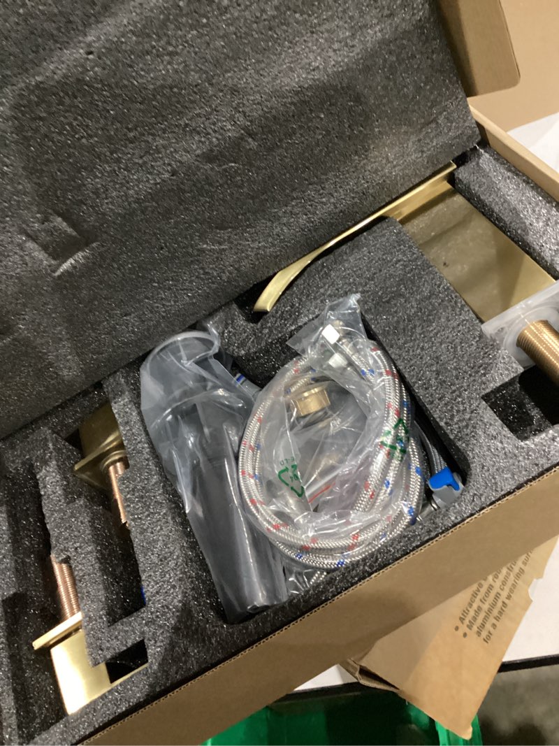 Condition photo showing New/Like New for LED Light Widespread Bathroom Faucets for Sink 3 Hole Waterfall Brushed Gold-Bathroom Faucet with Pop-up Drain Assembly, 8 Inch Bathroom Sink Faucet 2-Handles,Modern Lavatory Vanity Faucet