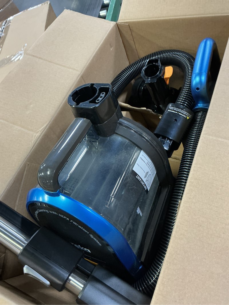 Condition photo showing As Is for Eureka Bagless Canister Vacuum with Washable HEPA Filter, 16KPA Suction for Carpets/Hard Floors, Compact Design with 3 Cleaning Tools, 2-Motor Household Vacuum, Lightweight and Easy Maneuverable Indigo Blue