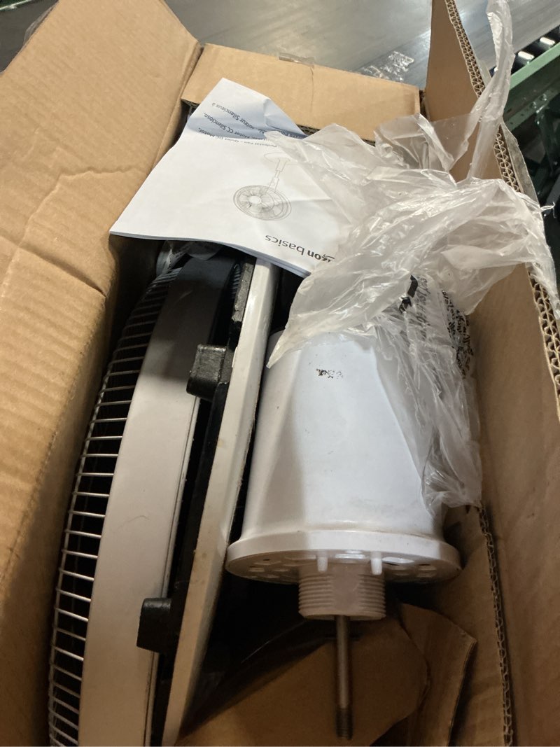 Condition photo showing As Is for Amazon Basics 16" DC Motor Standing Floor Fan, 12 Speed with Remote, 3 Breeze Modes, Dual-Layered Blades (10 Blades), Timer, Energy Efficiency and Quiet DC Motor (28W), White 12-Speed, DC Motor