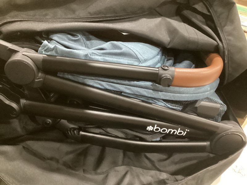 Condition photo showing As Is for bombi b?bee v2 lightweight baby stroller - premium vegan leather, one-hand fold, infinite recline, aircraft-grade aluminum frame, xxl canopy, and ample storage umbrella stroller - storm blue
