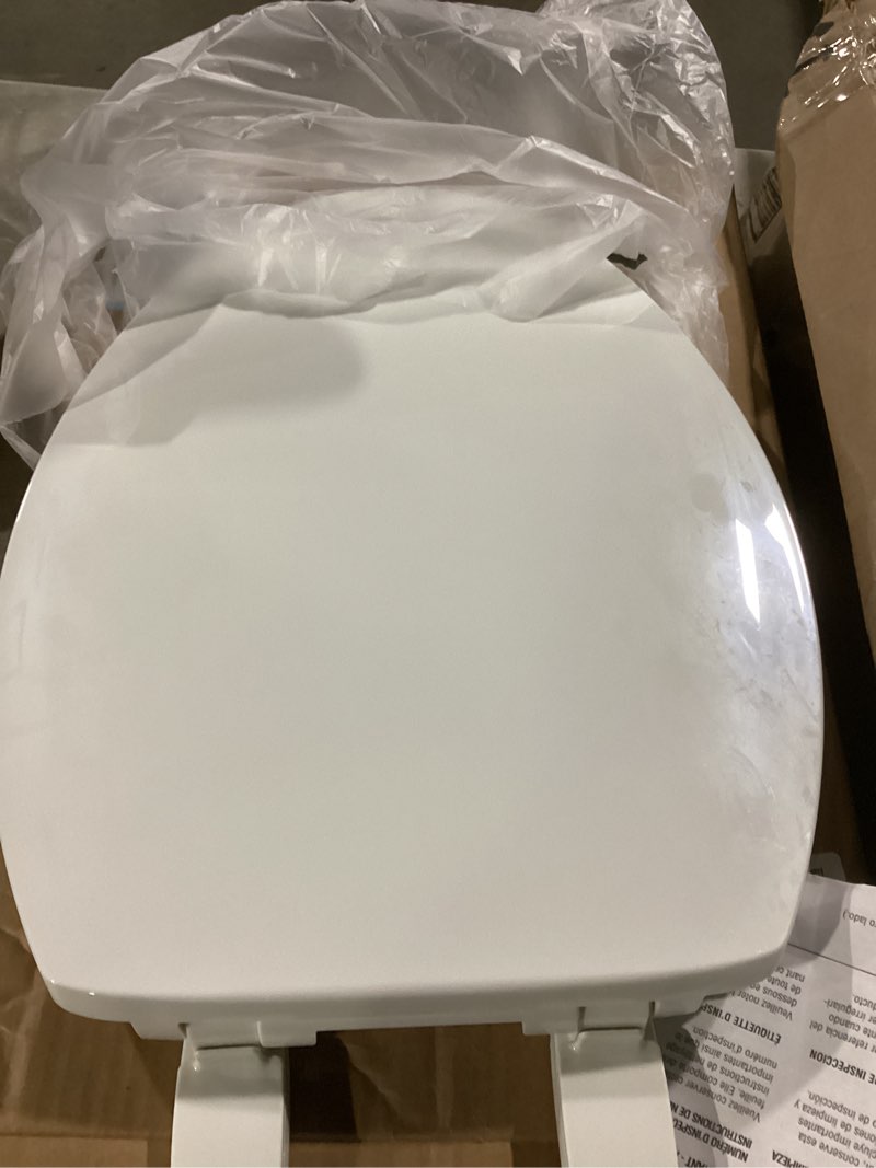 Condition photo showing As Is for mayfair caswell modern slow close toilet seat, durable plastic, elongated, white elongated 1 seat