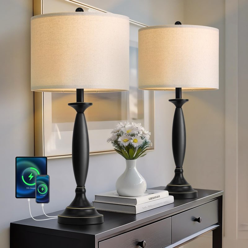 oneach 28" modern table lamps set of 2 for living room, black metal bedside lamps with usb ports, ni