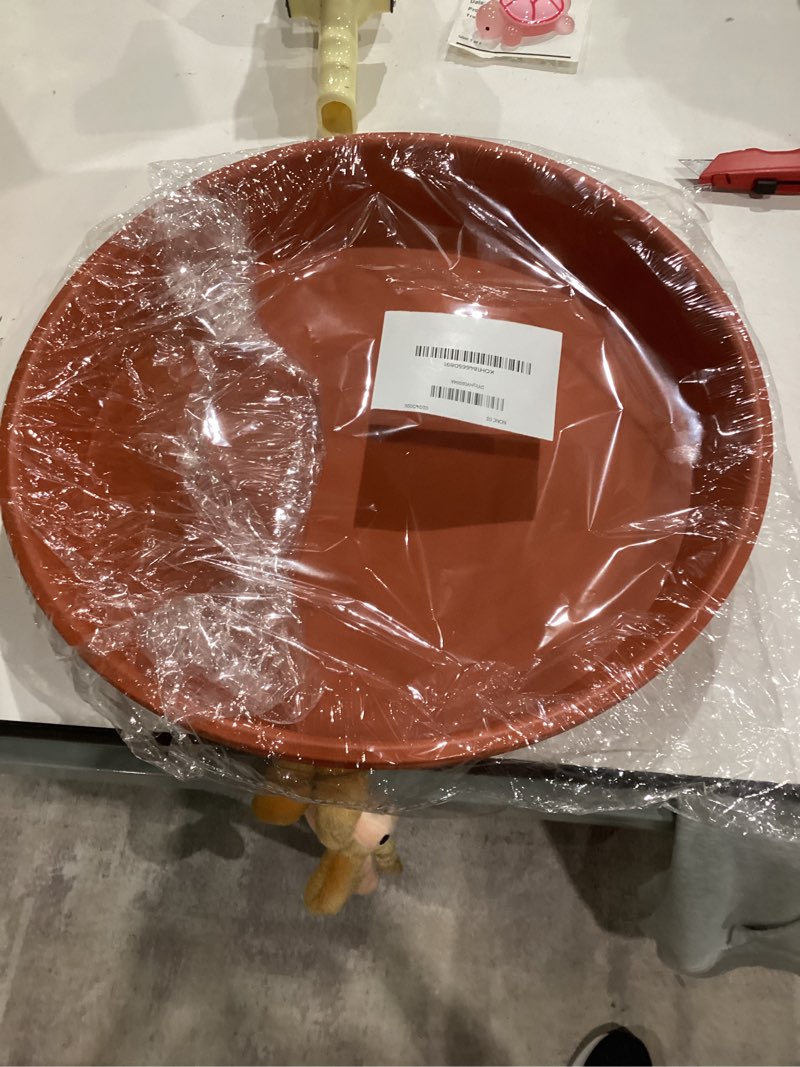 Condition photo showing Good Condition for 2 pack of 16 17 inch plant saucer tray (15 inch base), 2.3" depth, heavy duty plastic saucer 16" round, plant tray for pots, flower plant saucers for indoors (17 inch, terracotta)